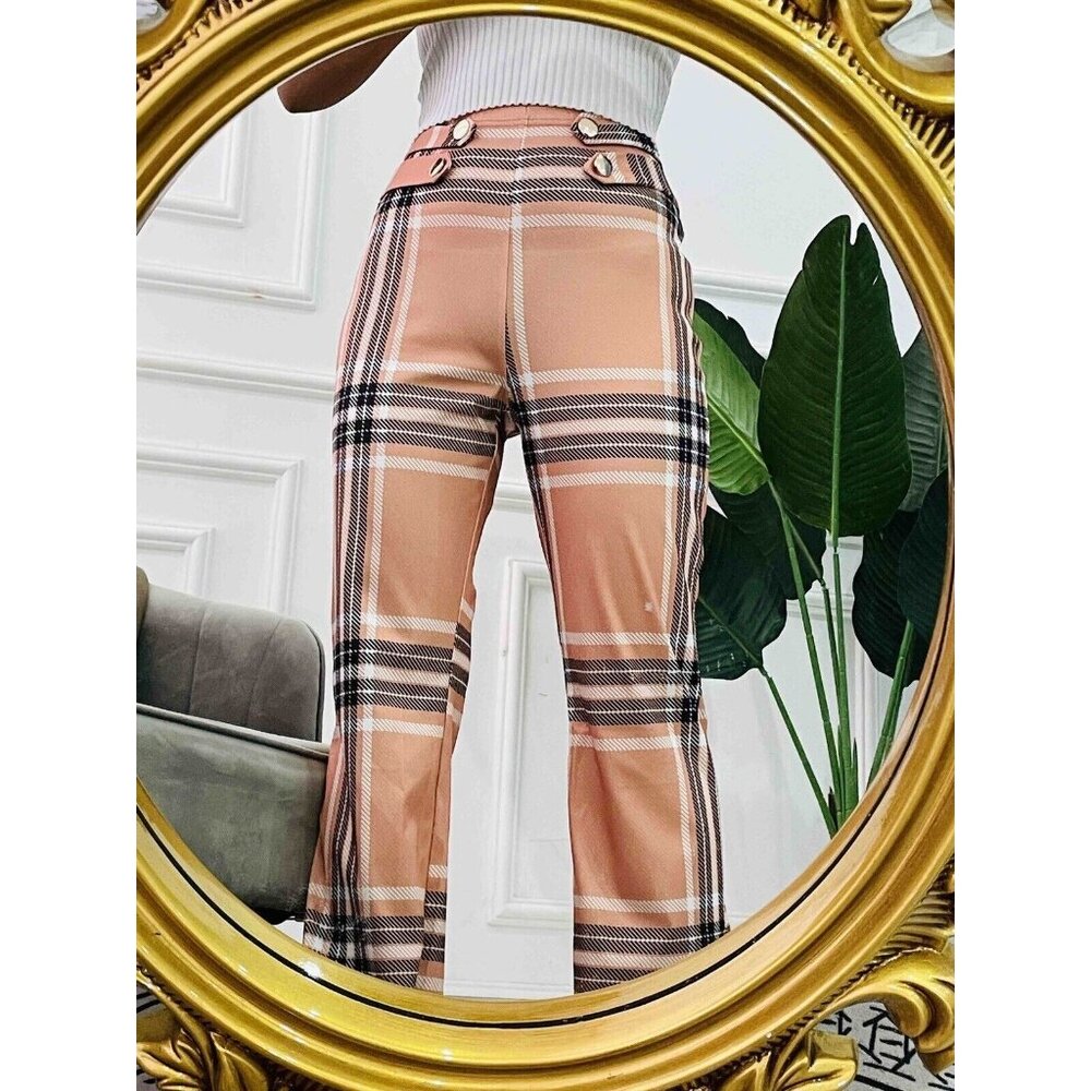 Women Dress Pants Size S Brown Striped Print High Waist Leg Straigth Stretch - Picture 8 of 16
